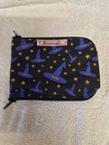 Handmade zip pouch with witch hat and star print fabric